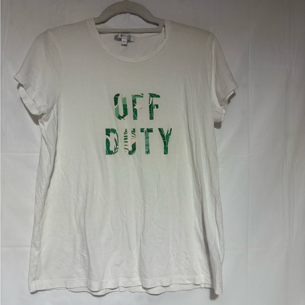 Maette white soft t shirt, off duty on the front sz large